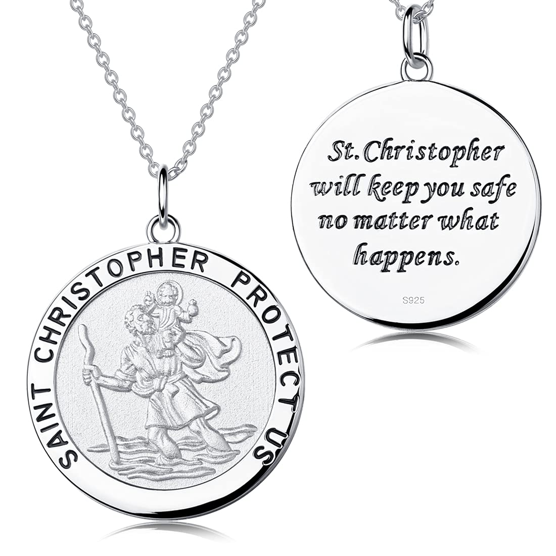 St Christopher Necklace St Christopher Medal for Men Sterling Silver Saint Christopher Medal Necklace Pendant for Women Antique Religious Protector Talisman Necklace Pendant Religious Necklace Jewelry