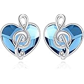 925 Sterling Silver Music Note Studs Earrings with Blue Heart Crystal from Austria Jewelry Gifts for Music Lovers Women