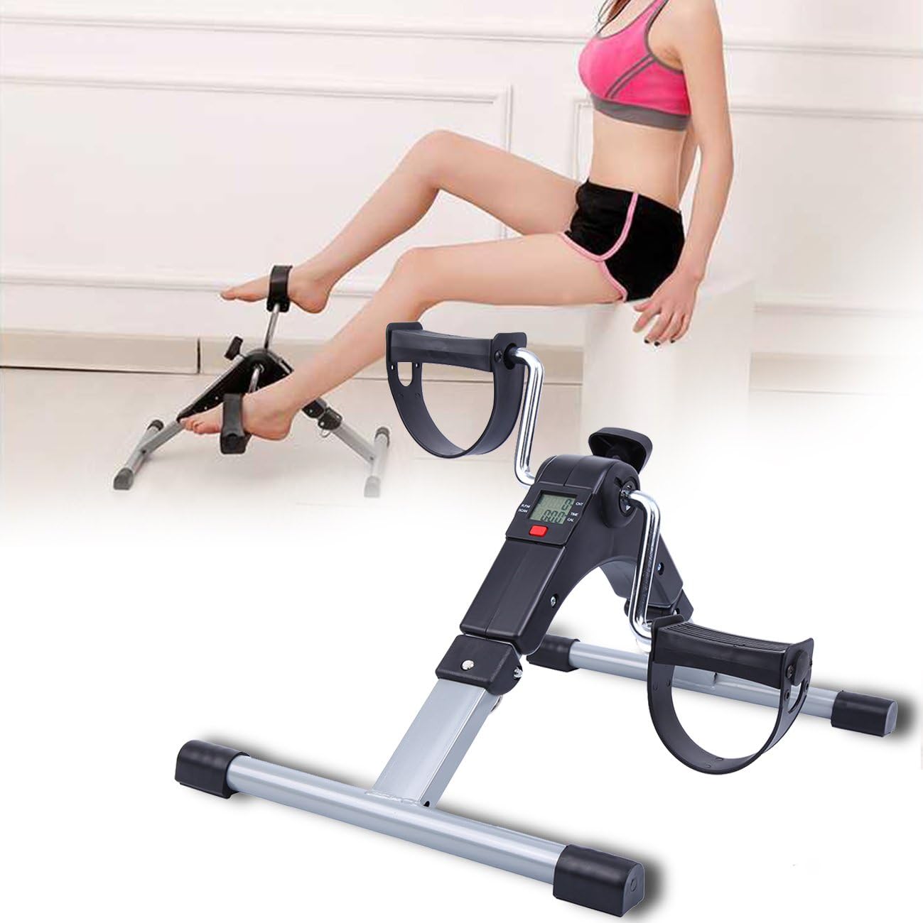 PanelTech Foldable Fitness Pedal Portable Exerciser Cycle Deluxe Under Desk Indoor Folding Peddler with Time Calorie LCD Counter For Arms Legs Physical Therapy Black