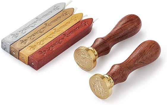 Amazon Beadthoven 2本シーリングスタンプ 4本シーリングワックス スターターキット ワックスシール 手紙 封蝋 文字 メッセージカード ご挨拶 スタンプ レター 祝福 告白 誕生日 ラッピング プレゼントに 結婚式 招待状 印鑑封筒用 業務用 ローズマリー 葉 バラ