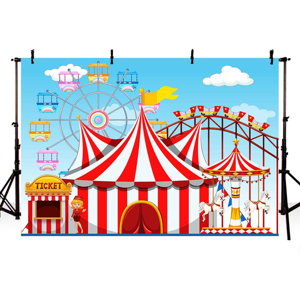MEHOFOND 7x5ft Circus Fiesta Theme Photography Backdrop Ferris Wheel Carousel Child Birthday Party Banner Background Supplies Cake Smash Table Decoration Ticket Photo Studio Booth Shoot Props