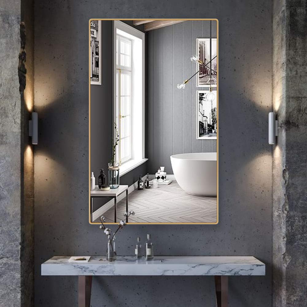 belle electrical Wall Mounted Bathroom Mirrors 36X24, Thin Large Modern Rectangular Aluminum Metal Frame Makeup Bathroom Mirrors for Wall, Gold Round Corner Mirror Hangs in Vertically or Horizontally: Home & Kitchen