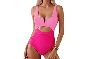 SINBRLAI One Piece Swimsuits Women Tummy Control Bathing Suit V Neck Cutout Lace Monokini Swimsuits Pink