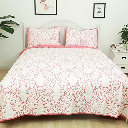 White Cotton Quilt Set Full/Queen by Mucalis Embroidery Floral Pattern 3 Piece Quilted Comforter Bedding Reversible Coverlet Bedspread Set with Matching Shams for All Season Watermelon