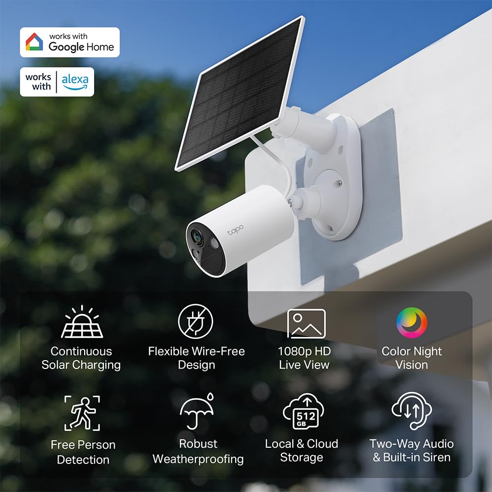 TP-Link 𝗧𝗮𝗽𝗼 SolarCam C402 Kit, Outdoor Battery Camera w/Solar Panel Base, Wireless, 1080P, Free Person Detection, SD/Cloud Storage, Color Night Vision, No Hub Needed, Works w/Alexa