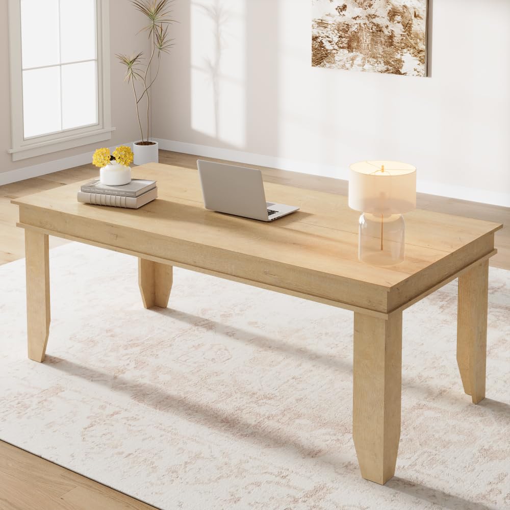 Photo 1 of ** SIMILAR/ DEFERENS COLOR *** GarveeHome Farmhouse Dining Table for 6-8 People, 71 in Long Kitchen Tables with Wooden Sturdy Frame, 6 ft Large Rectangular Dinner Table for Dining Room, Kitchen, Yellow, 71" Non-extendable