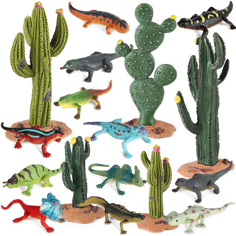 Photo 1 of EOIVSH Desert Animal Figurines, 17pcs Model Trees Cactus Kit with Lizard Figures for Kids Toddlers, Reptile Toy Playset for Diorama Project Cake Topper Decorations