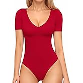 MANGOPOP Women's Long Sleeve Short Sleeve Bodysuit Sexy V Neck Body Suits Fitted Fall Going Out Tops
