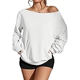 ZAFUL Sweatshirt for Women 2025 Off Shoulder Long Sleeve Oversized Pullover Tops with Kangaroo Pocket(1-White, L)