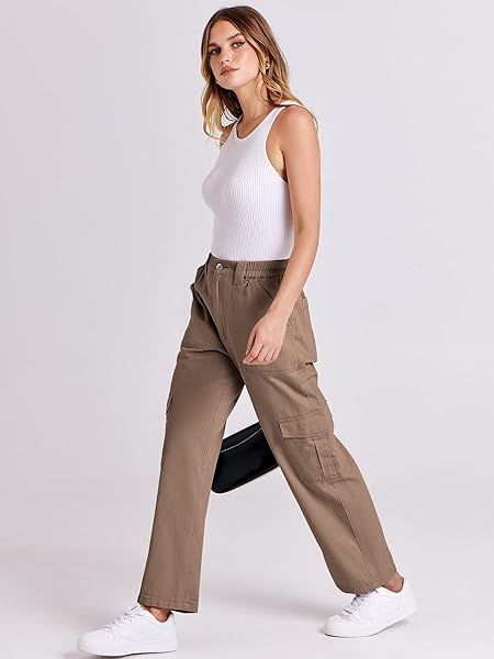 ANRABESS WOMEN’S CARGO PANTS HIGH WAISTED BAGGY MULTIPLE POCKETS CASUAL TRENDY FASHION RELAXED FIT Y2K TROUSERS BROWN SMALL