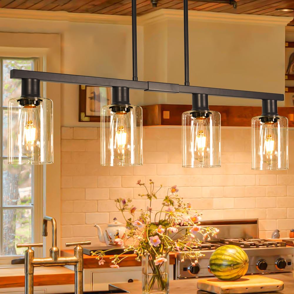Photo 1 of 4-Light Kitchen Island Lighting, Black Farmhouse Chandelier with Adjustable Height & Clear Glass Shades, Linear Hanging Dining Room Light Fixture Over Table Bar, Simplicity Island Lights for Kitchen