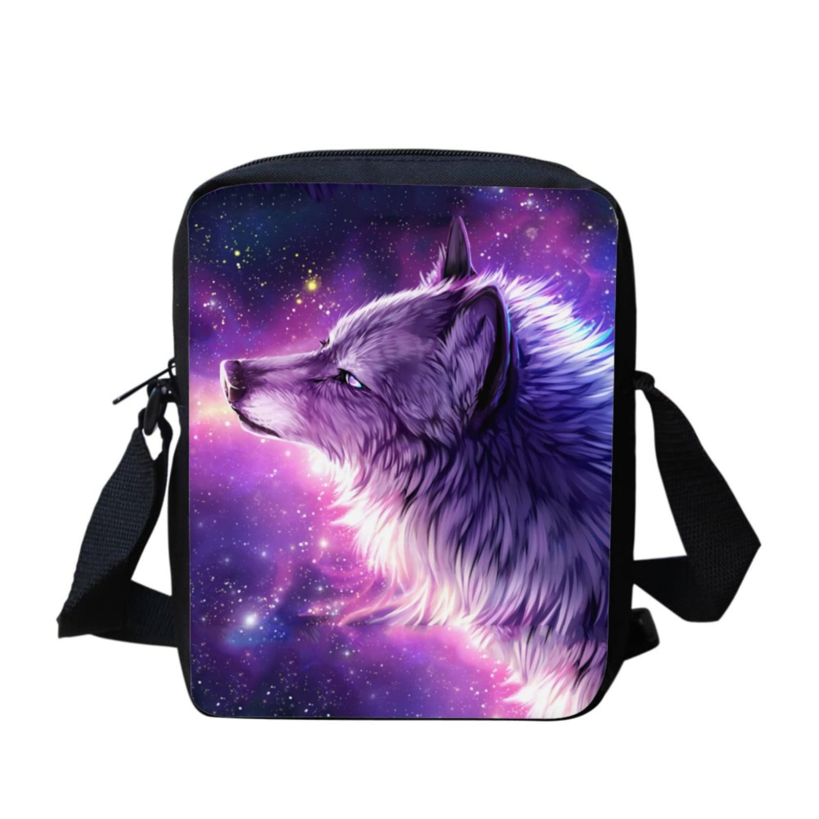 HELLHERO Galaxy Wolf Bag Small Crossbody Bags Durable Messenger Purse Handbag Kids Mini Bookbag for Women Teen Girls Boys Travel Gym Outdoor Holiday