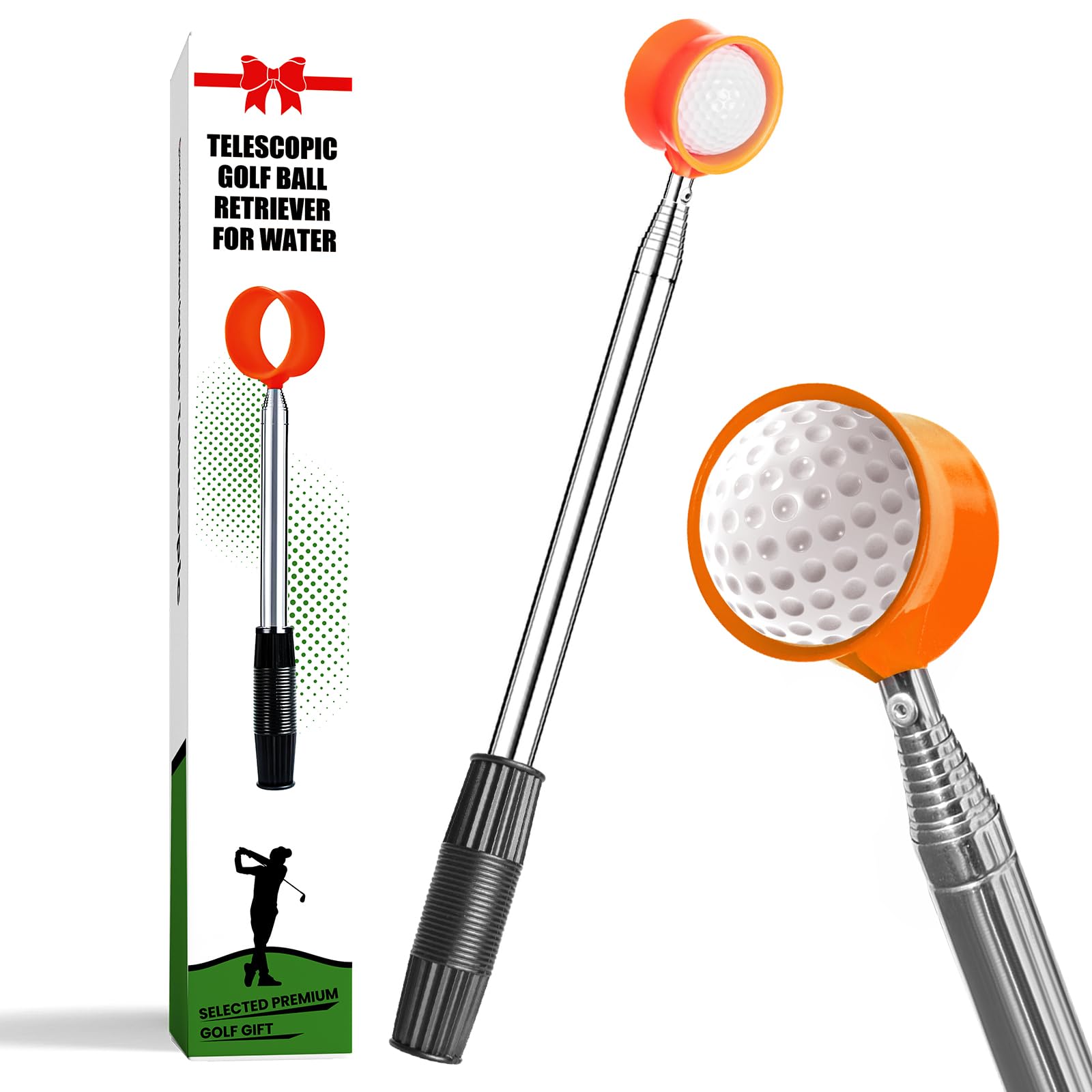 FINGER TEN Golf Ball Retriever Telescopic Pick up Scoop Ball Retriever，Golf Ball Retriever Picker Stainless Steel Shaft Retracted Length with Locking Scoop (Orange-9ft)