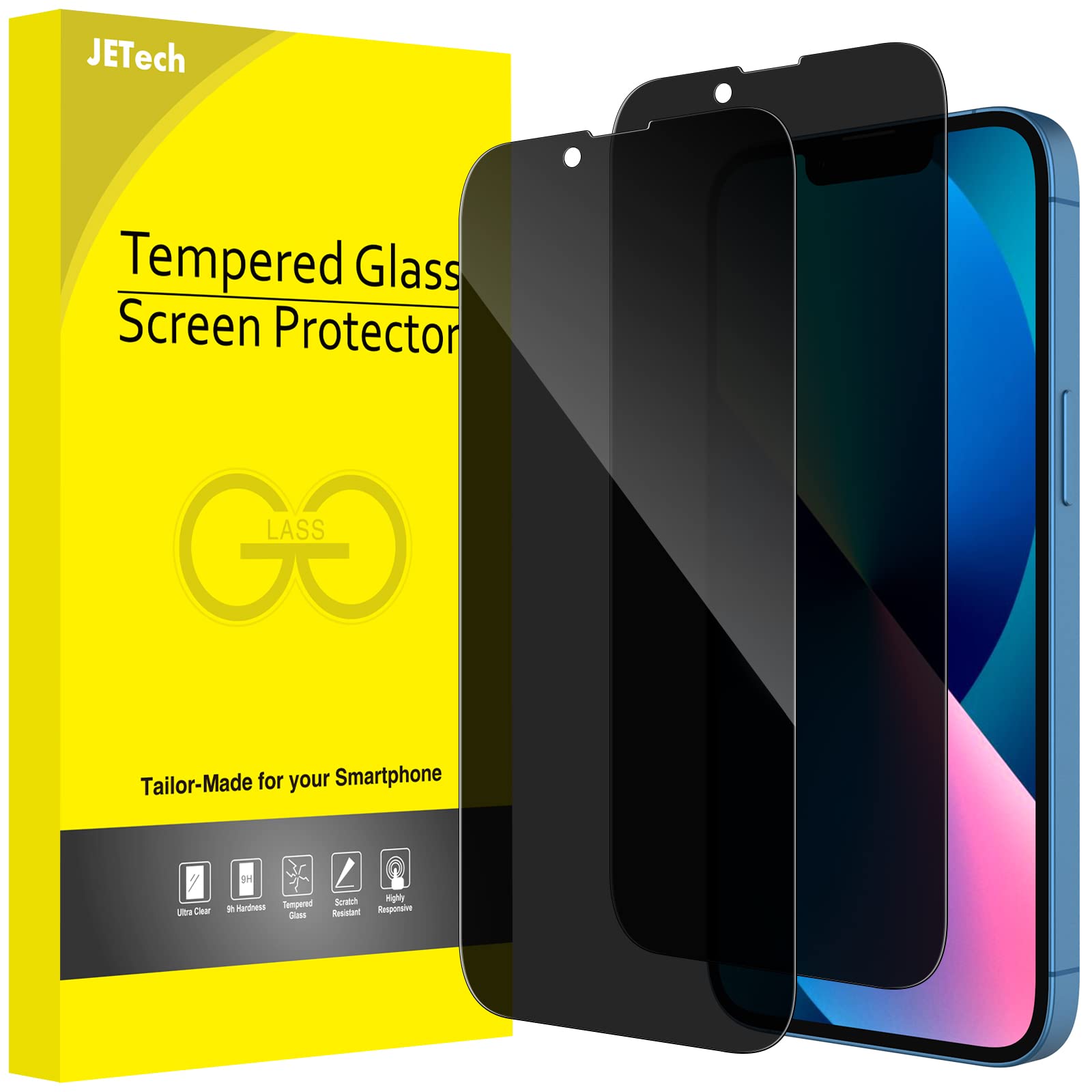 JETech Privacy Full Coverage Screen Protector for iPhone 17e (2026) / iPhone 16e / iPhone 13/13 Pro, Anti-Spy Tempered Glass Film, Edge to Edge Protection, 6.1-Inch Display, 2-Pack — image 1