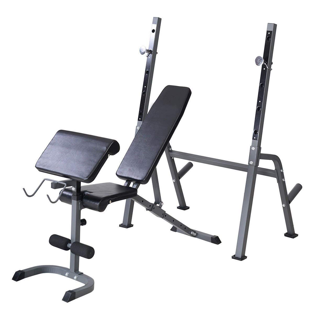 GYMAX Adjustable Weight Bench with Rack, Leg Developer &Preacher Curl Pad, Incline Decline and Flat Fitness Bench for Full-Body Workout, Multi-Functional Weight Bench Set for Indoor Exercise