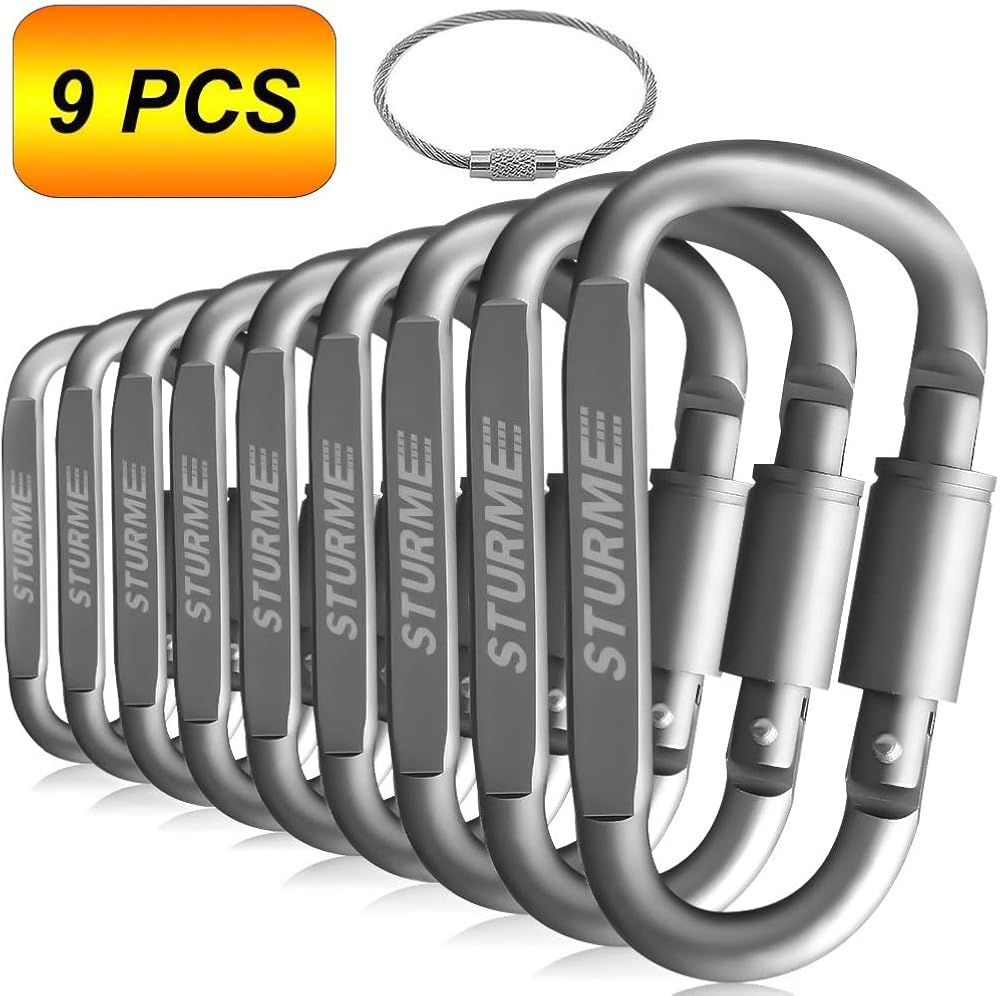 STURME Carabiner Clip Aluminum D-Ring Locking Durable Strong and Light Large Carabiners Clip Set for Outdoor Camping Screw Gate Lock Hooks Spring Link Improved Design Pack (9 Pack) : Sports & Outdoors