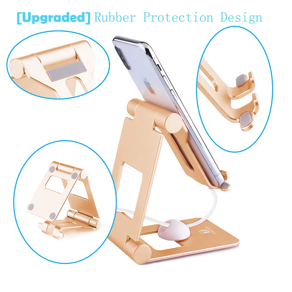 Cell Phone Stand Adjustable, ToBeoneer T8 Desk Phone Holder [Upgraded] Multi-Angle Phone Dock Thicker Wider Taller for All Mobile Phone Tablet [Up to 10 in] Home Office Décor Accessories, Gold