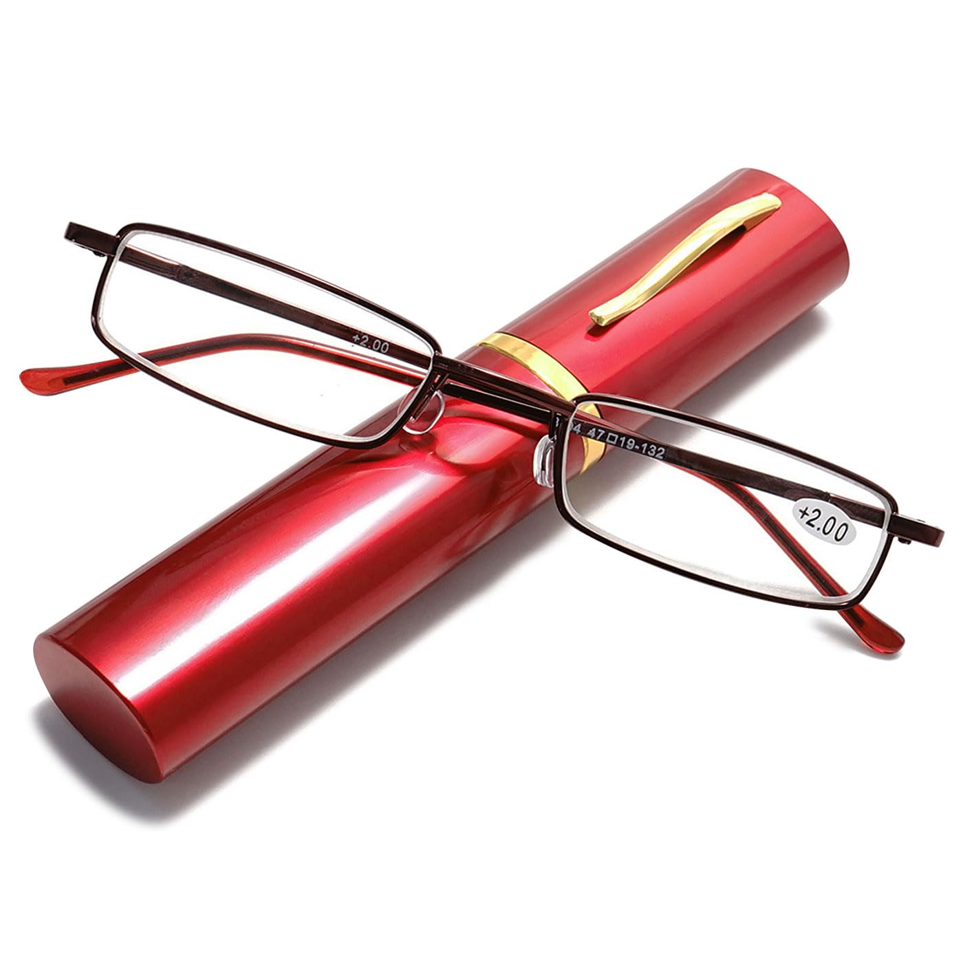 ABETOS Slim Pen Reading Glasses Blue Light Blocking Metal Readers In Tube Case Superlight Spring Hinge Pocket Portable Eyewear Thin Travel Eyeglasses 1.0+ 1.5+ 2.0+ 2.5+ 3.0+, Red+2.0