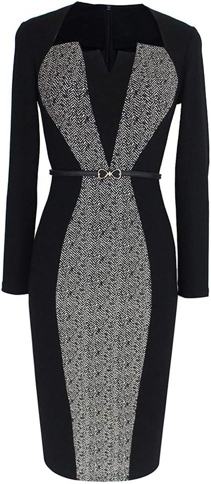 Skboos 3xl Plus Size Belted Optische Tauschung Patchwork Farbblock Buro Kleid Frauen Langarm Bleistift Kleid Amazon De Sport Freizeit