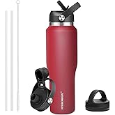 HYDROWION 40 oz Insulated Water Bottle with Straw fit in Car Cup Holder(Cold 48 hrs, Hot 24 hrs) Drinking Bottle with Straw Lid, Spout Lid and Flex Cap Leakproof Travel Thermo Mug,Red