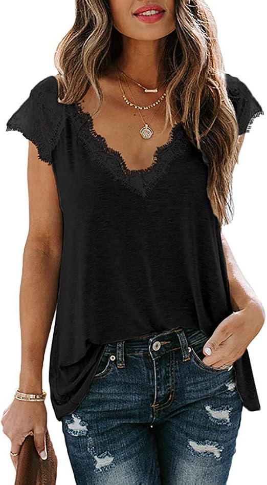 Guteidee Womens Dressy Cami Tank Tops Short Sleeve Fashion Eyelash Lace
