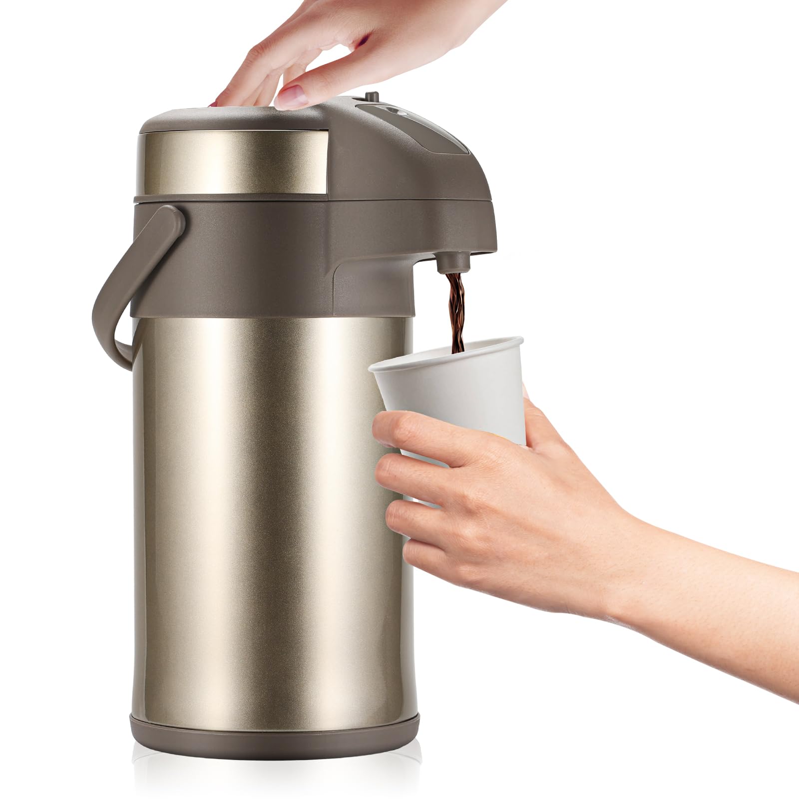 Photo 1 of OJOJ 3L/101OZ Thermal Coffee Carafe with Pump, Thermal Beverage Dispenser, Coffee Airpot Stainless Steel Coffee Carafe for Hot Drinks Gold
