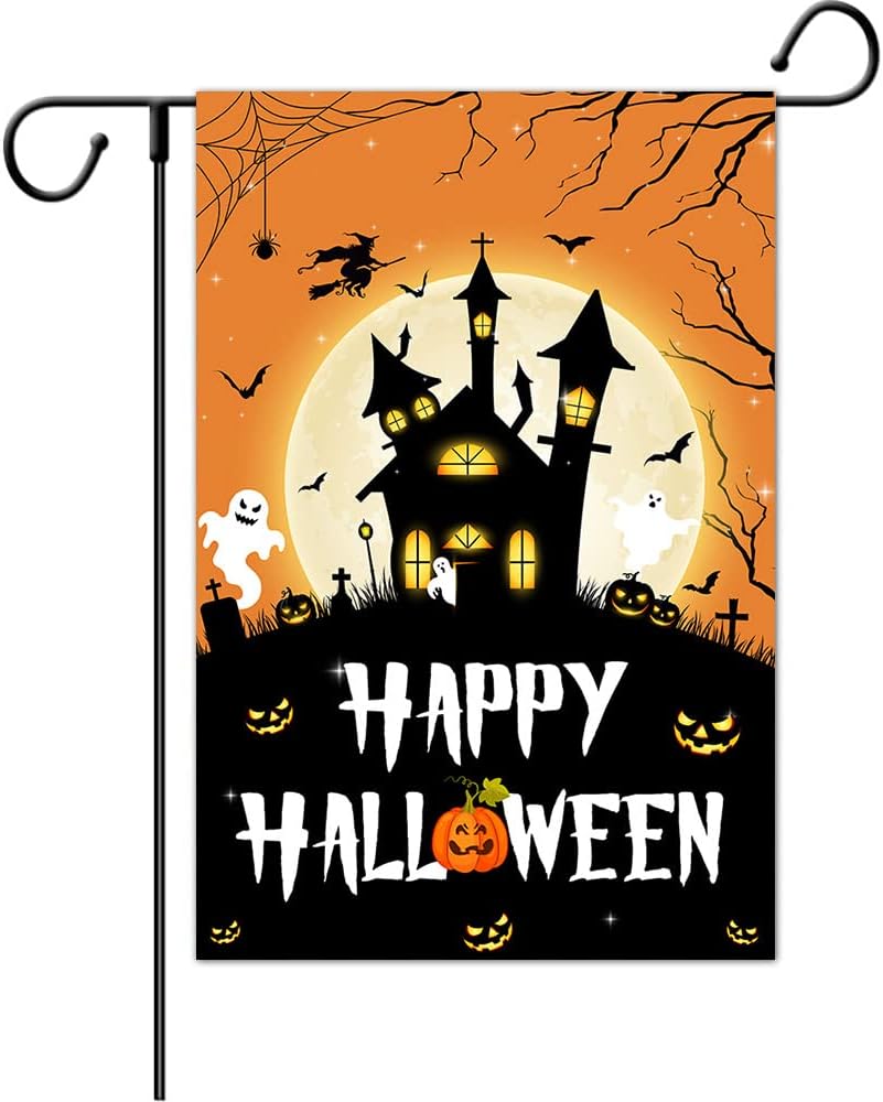 Flags - AIBIIN 12x18 inch Halloween Garden Flag Double Sided Polyester Happy Halloween Castle Pumpkin Ghost Scary Halloween Garden Banner Halloween Outdoor Yard Sign