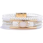 FANCY SHINY Leather Wrap Bracelets Crystal Beads Bracelet Boho Cuff Stone Charm Bracelets with Clasp Costume Jewelry for Women