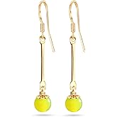 HQFJW Natural Stone Beads Drop Earrings,14K Yellow Gold Simple Vertical Bar Round Quartz Crystal Gemstone Beads Dangle Earrings,Beading Jewelry for Women
