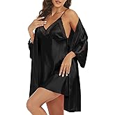 Women's Silk Pajama Sets Satin Robe with Nightgown 2 Piece Sleepwear Sexy Lace Cami Nightwear Kimono Bridesmaid Robes