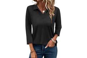 PGANDS Women's 3/4 Sleeve T Shirts Summer V Neck Button Down Polo Shirts Collared Casual Loose Fit Tops