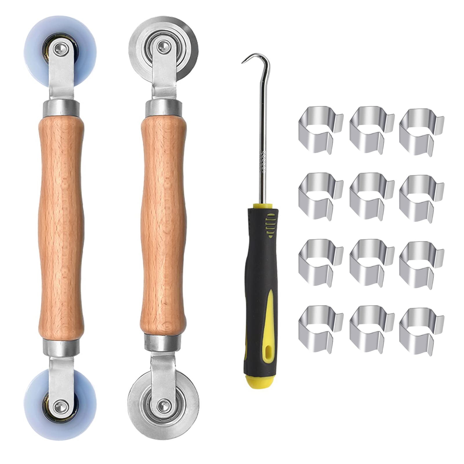 BAYTORY Upgrade Window Screen Repair Kit, Steel/Nylon Roller Tool with Bearing, Spline Removal Hook and 12Pcs Screen Clips Replacement for Installing Door Mesh Screens