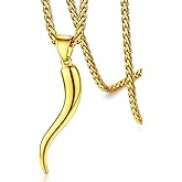 FaithHeart Italian Horn Pendant Necklace for Women Men Silver/Black/Gold Plated Stainless Steel Cornicello Necklace Protection Necklace Chains with Pendant Italian Charm Talisman with Gift Box