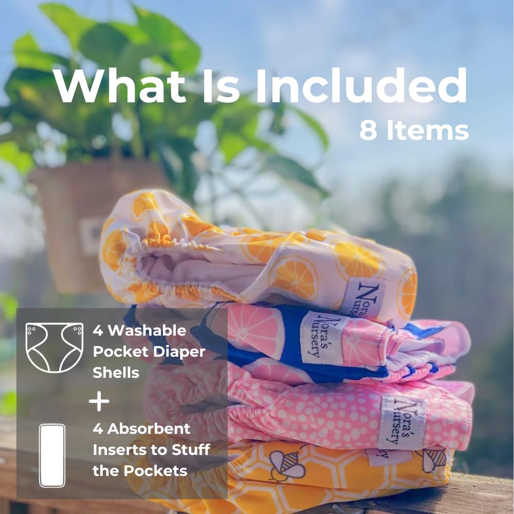Nora's Nursery Cloth Pocket Diapers 4 Pack with 4 Inserts - Waterproof Cover, Washable, Reusable & One Size Adjustable Pocket Diapers for Newborns and Toddlers - The Bee's Knees