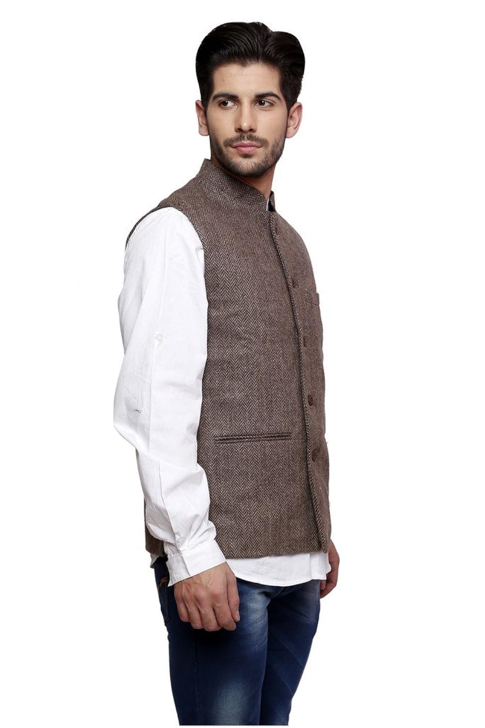 dhrohar men's woolen brown textured nehru waistcoat