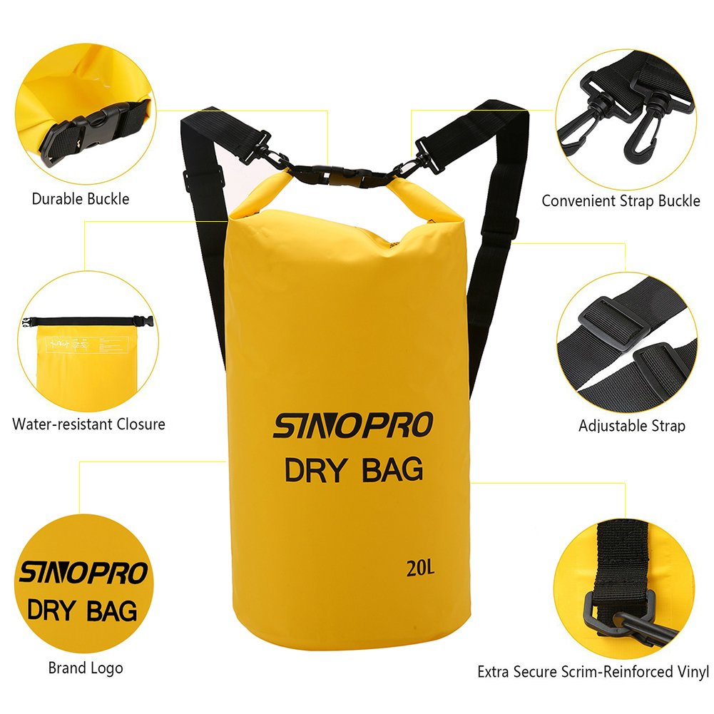 SinoPro Waterproof Dry Bags + Waterproof Waist Pouch, Perfect for Kayaking / Boating / Canoeing / Fishing / Rafting / Swimming / Camping / Snowboarding (Yellow, 20L)