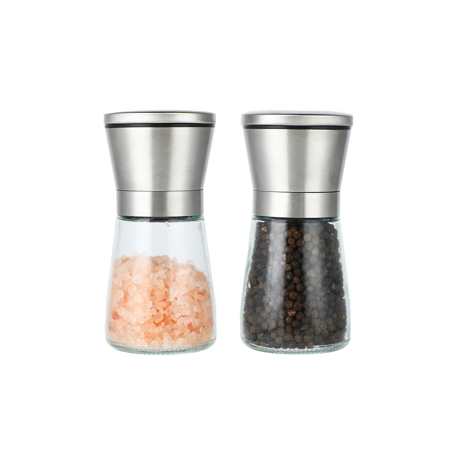 Wenrescry Salt and Pepper Grinder Set of 2, Adjustable Coarseness, Ceramic Core, Refillable Glass Bottle, Stainless Steel Manual Pepper Mill for Sea Salt, Spices, 180 ML