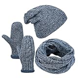Vbiger Mens 3-Pieces Winter Knit Hat Set, Warm Beanie Hat + Scarf + Gloves Winter Set for Men (Light Blue)