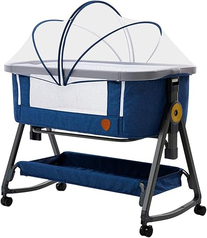 Amazon Feemom4wayベビーベッド 揺りかご ベッドサイドベッド 簡易ベッド プレイヤード 軽量 添い寝ベッド ベビーラック 蚊帳 収納カゴ付き キャスター付き 新生児 0 36ヶ月 ハイローベッド マリーンブルー 乳幼児用ベッド ベビー マタニティ 通販