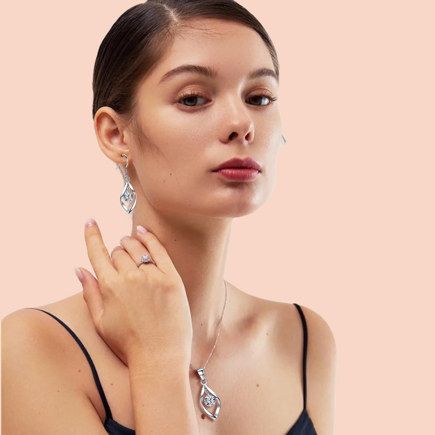 Zolkamery Silver Jewellery Set for Women, 925 Sterling Silver Women's Jewellery Sets with White Zirconia, Fashion Twist Pendant Necklace & Hook Dangle Earrings Set, Gift for Wife on Valentine’s Day