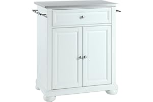 Crosley Furniture Alexandria Stainless Steel Top Small Rolling Kitchen Island Storage Cart, Microwave Stand, White