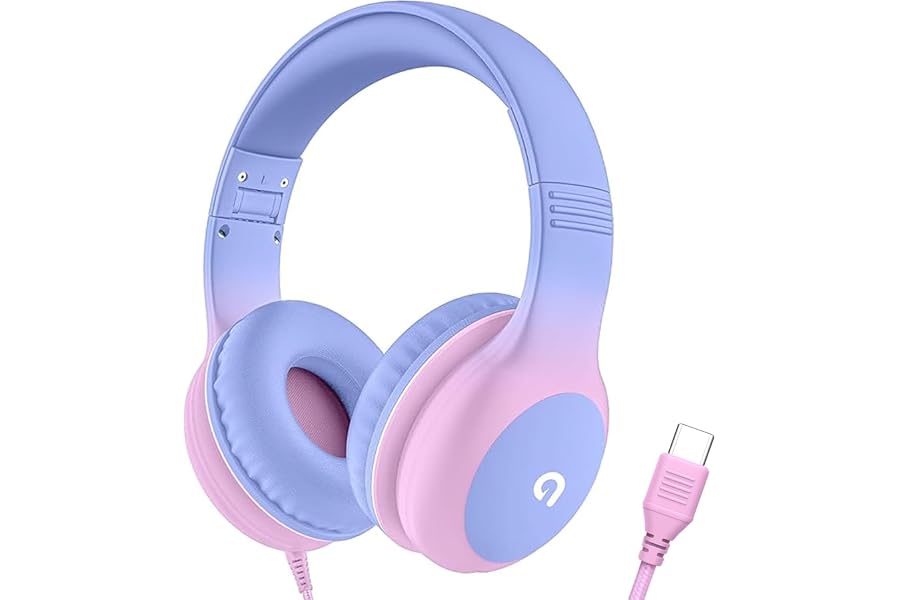 ADOOPE Wired Kids Headphones with USB C Plug, 85dB Safe Volume, Adjustable Headband, Tangle-Free Cord Headphones for School, Tablet, Travel (Light Purple & Pink, Without Microphone)