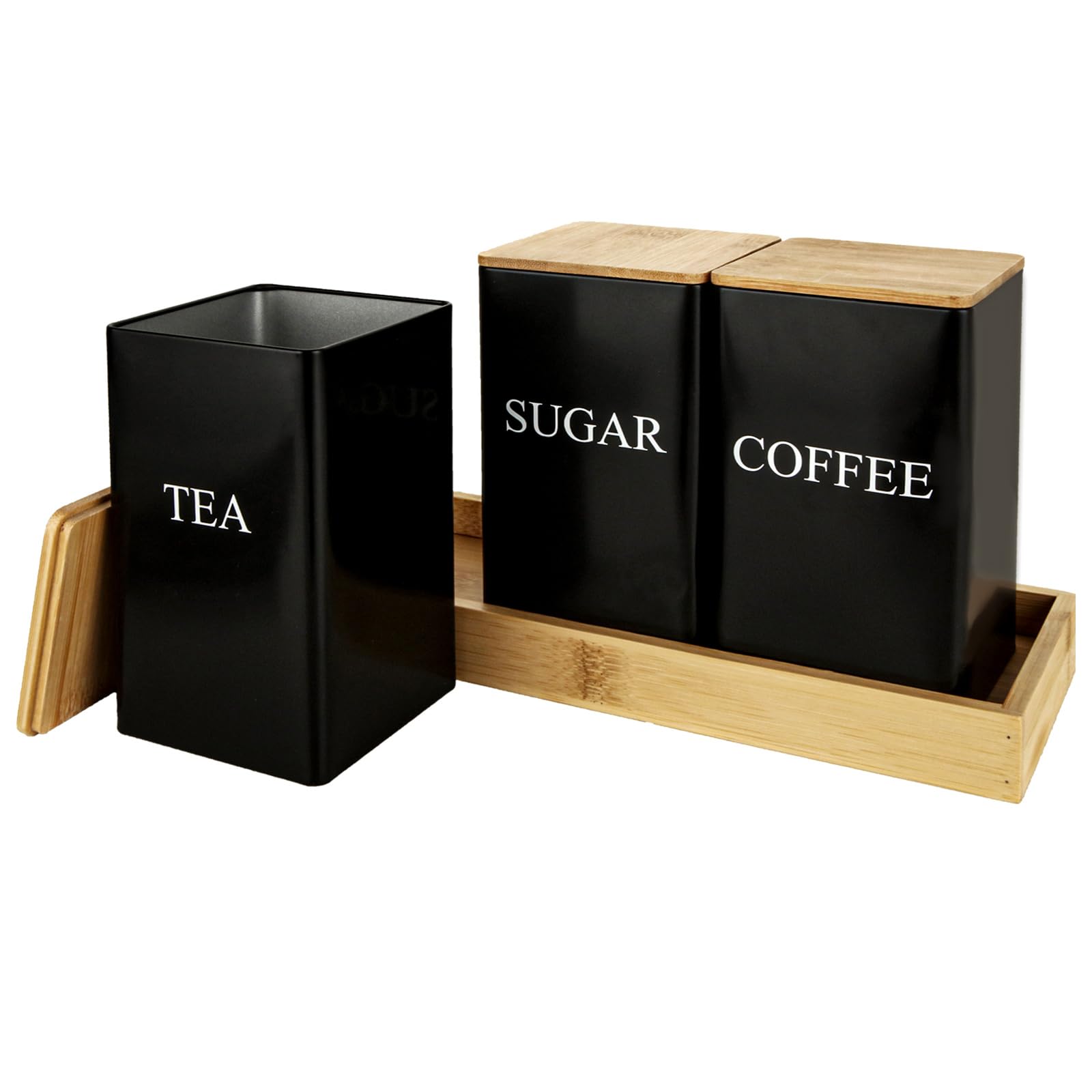GBSCHOOSE Set of 3 Black Tea Coffee Sugar Canisters, Metal Tea Coffee Sugar Containers Set with Airtight Bamboo Lids, Kitchen Storage Containers with Tray for Kitchen Counter Storage