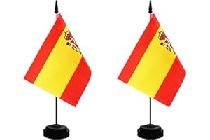 Rotenl 2 Pack Spain Desk Flag, Spanish Table Office Flag with Solid Pole and Stand Base, International Country Flag, Festival Celebration, Classroom Meeting Desktop Decoration (Spain)