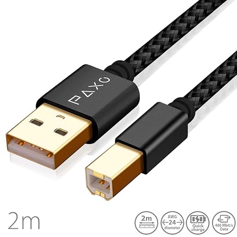 2m Nylon USB Druckerkabel schwarz, USB A auf USB B, Ladekabel, Datenkabel, Goldstecker, geflochtenes Kabel (Braided)