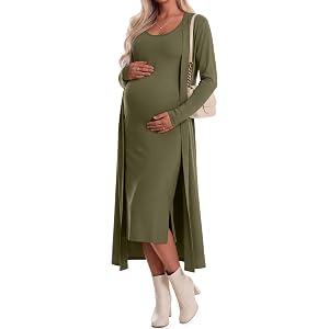 Huukeay 2 Piece Women Maternity Dress Cardigan Set | Maxi Tank Sleeveless Long Dress, Baby Shower, Pregnancy, Bodycon, Formal