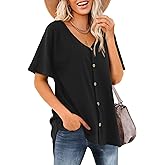 Beluring Women's Shirts V Neck Short Sleeve Waffle Knit Button Up Tunic Tops Blouse