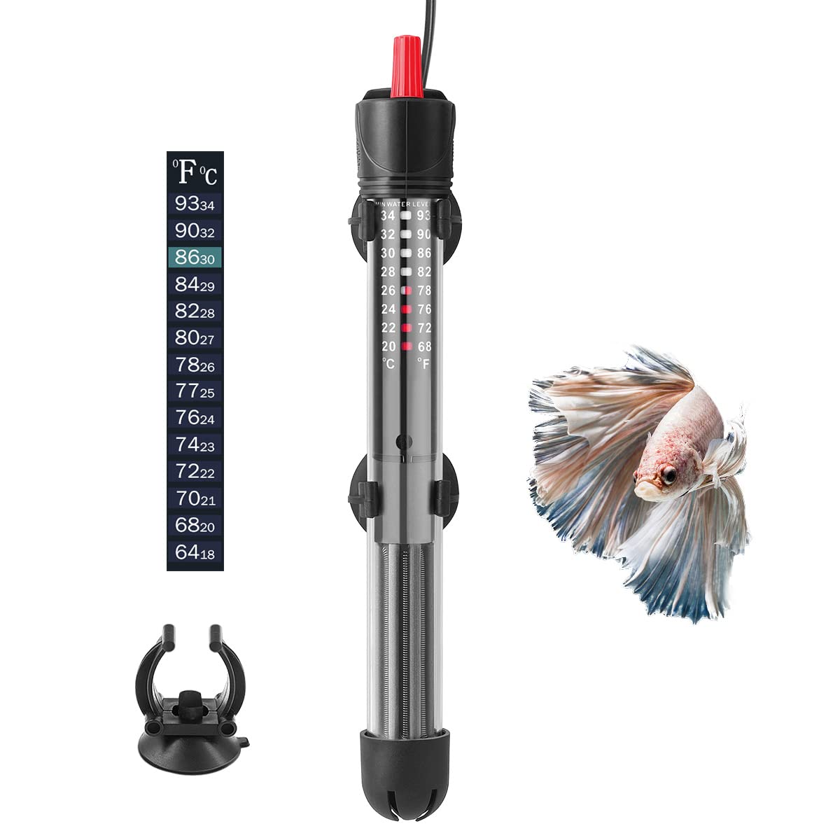 HITOP HP-608 100W Submersible and Adjustable Aquarium Heater With Thermometer and Suction Cups