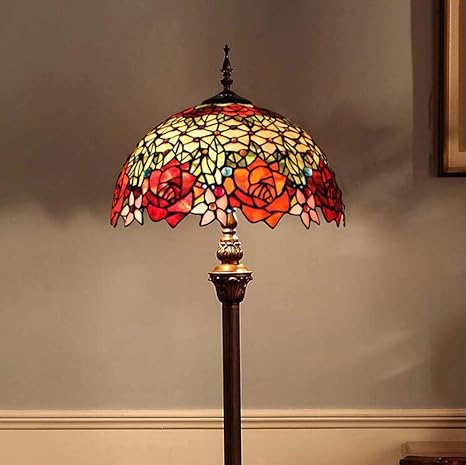 Tiffany Style Floor Lamp Green Red Rose Stained Glass Shade
