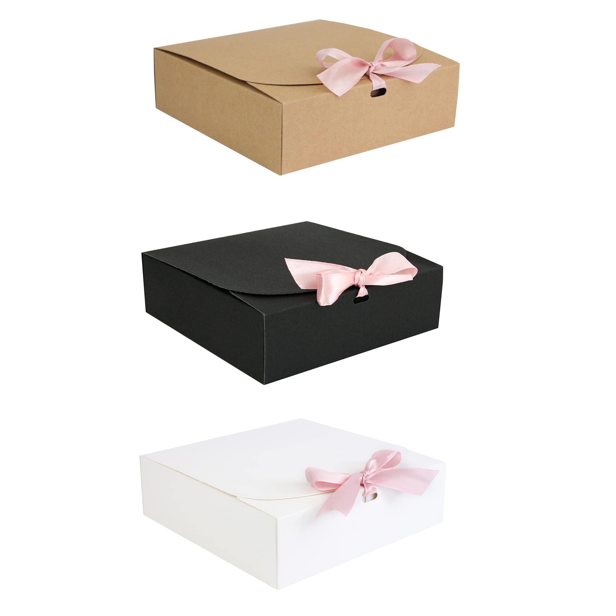 Emartbuy Pack of 12 Gift Boxes, 16.5 cm x 16.5 cm x 5 cm, Easy Assembly, White, Brown and Black Kraft Box with Baby Pink Bow Ribbon